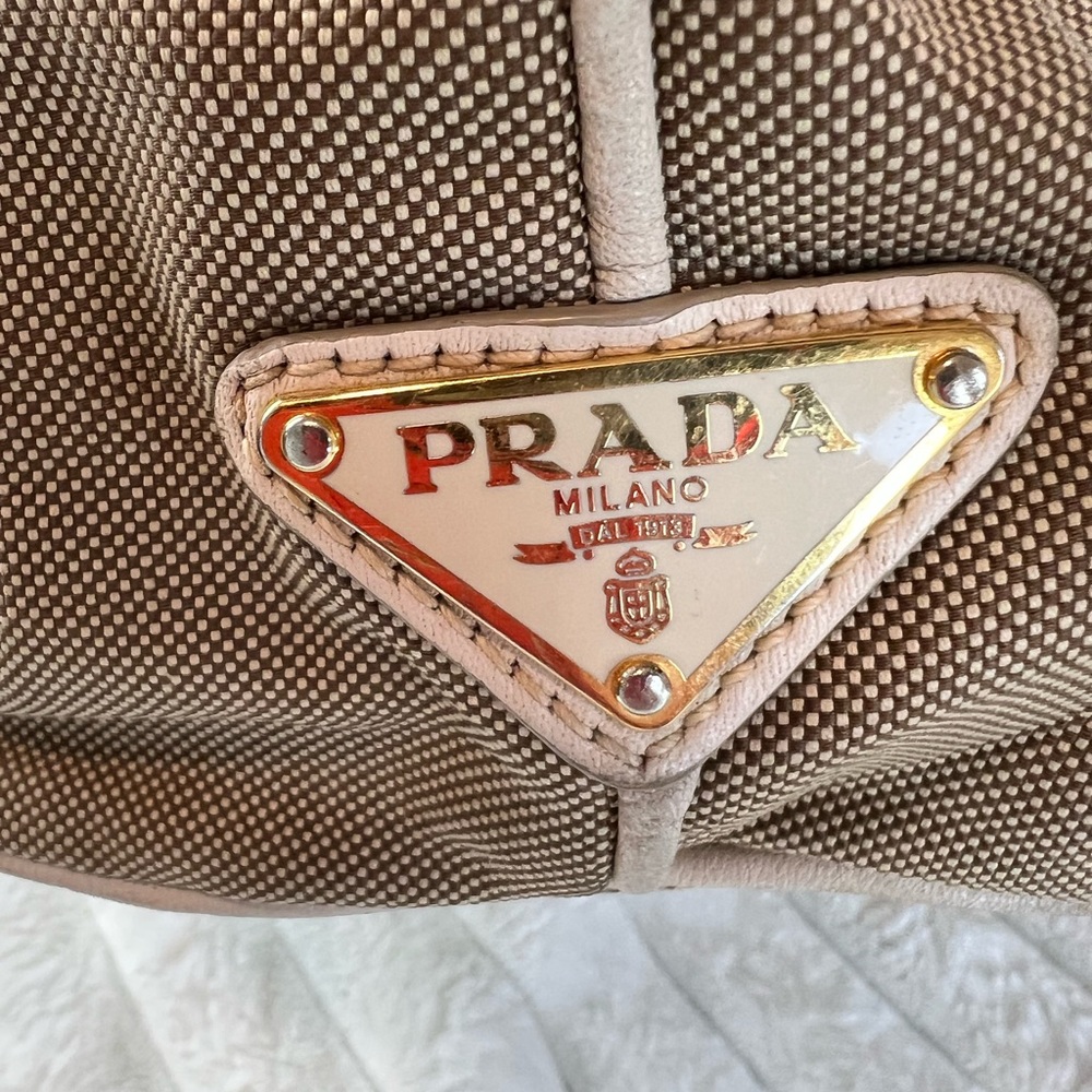 💯 Authentic Prada Beige/Brown Jacquard Logo Canvas and Leather Bow Top handle - Picture 4 of 16